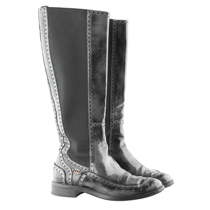 Gucci Black Leather Brogue Knee-High Boots