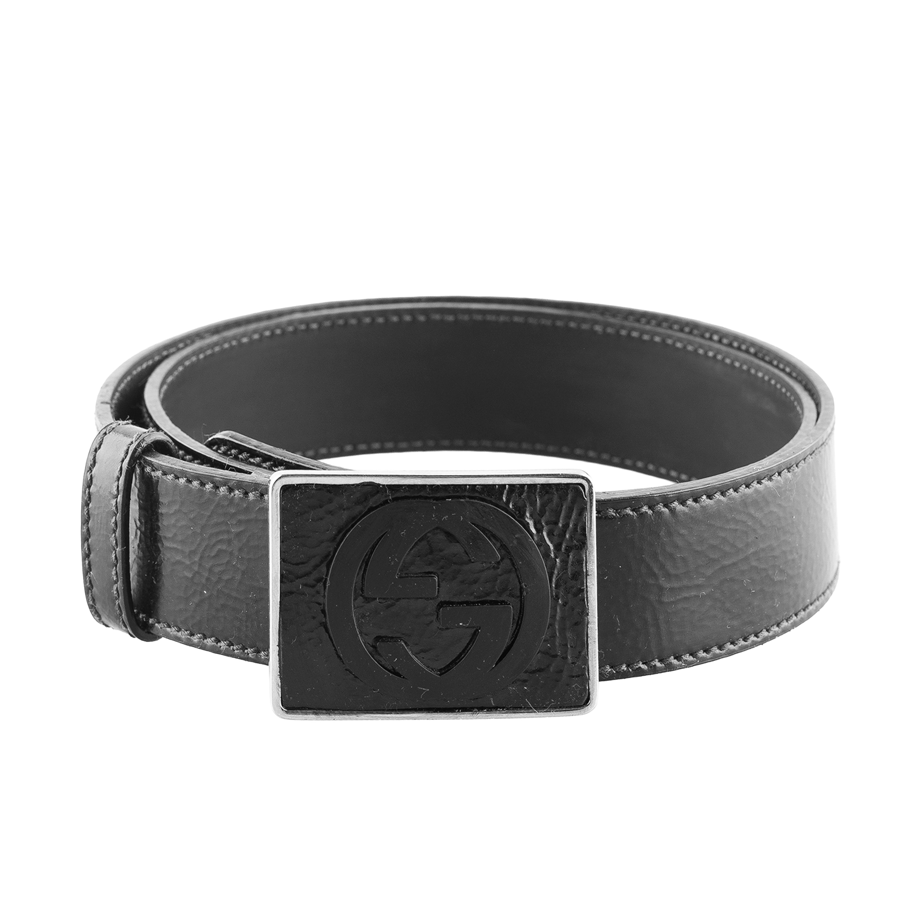Gucci Vintage Black Leather Interlocking GG Logo Buckle Belt