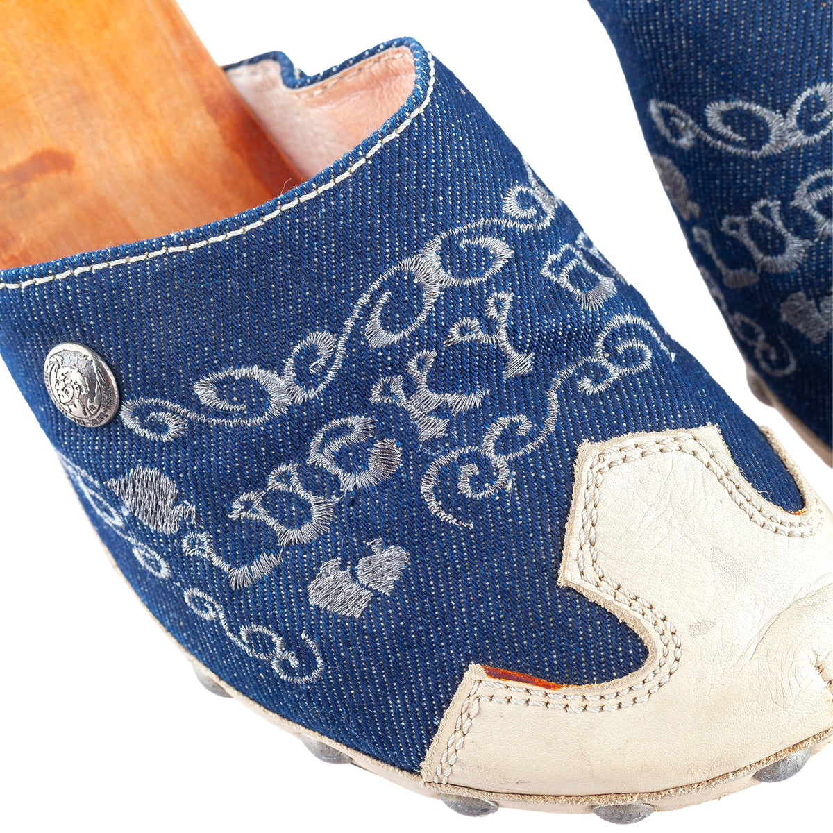 Diesel Embroidered Denim & Leather Wooden Heel Clogs