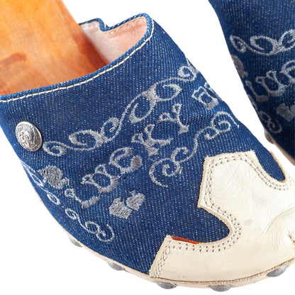 Diesel Embroidered Denim & Leather Wooden Heel Clogs