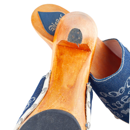 Diesel Embroidered Denim & Leather Wooden Heel Clogs
