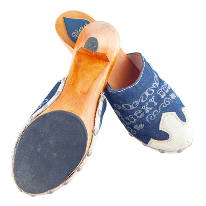 Diesel Embroidered Denim & Leather Wooden Heel Clogs