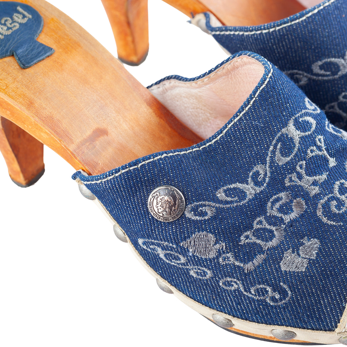 Diesel Embroidered Denim & Leather Wooden Heel Clogs