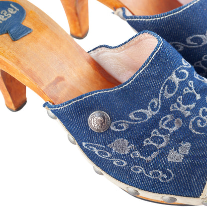 Diesel Embroidered Denim & Leather Wooden Heel Clogs