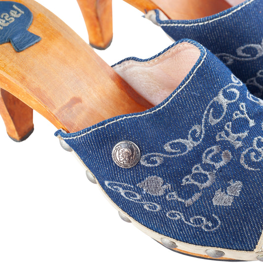 Diesel Embroidered Denim & Leather Wooden Heel Clogs