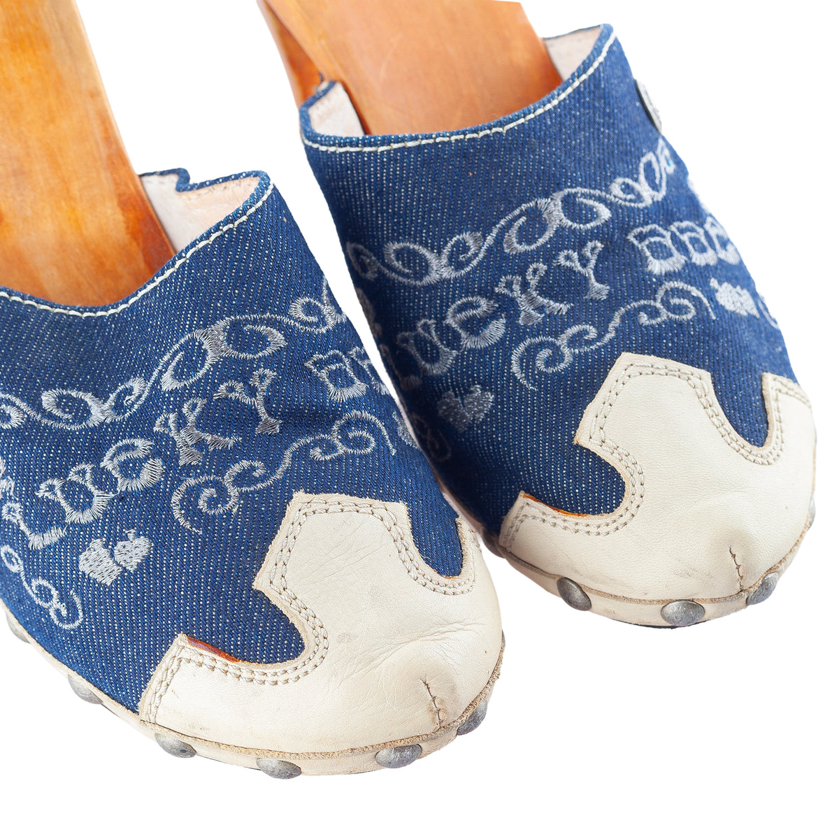 Diesel Embroidered Denim & Leather Wooden Heel Clogs