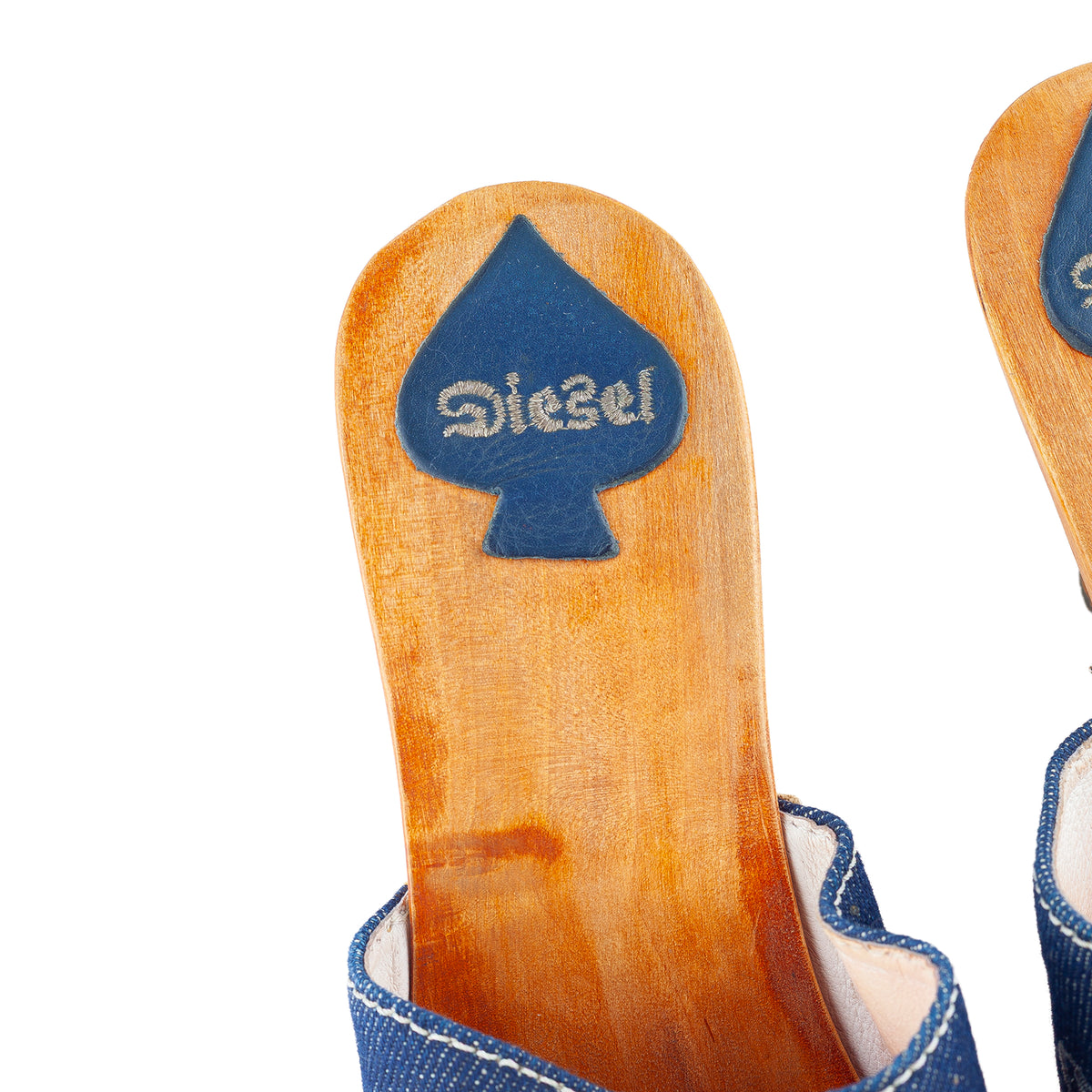 Diesel Embroidered Denim & Leather Wooden Heel Clogs