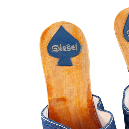 Diesel Embroidered Denim & Leather Wooden Heel Clogs