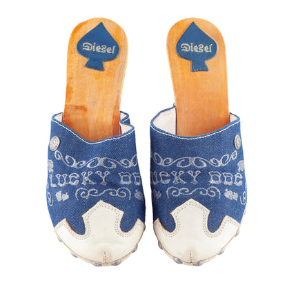 Diesel Embroidered Denim & Leather Wooden Heel Clogs
