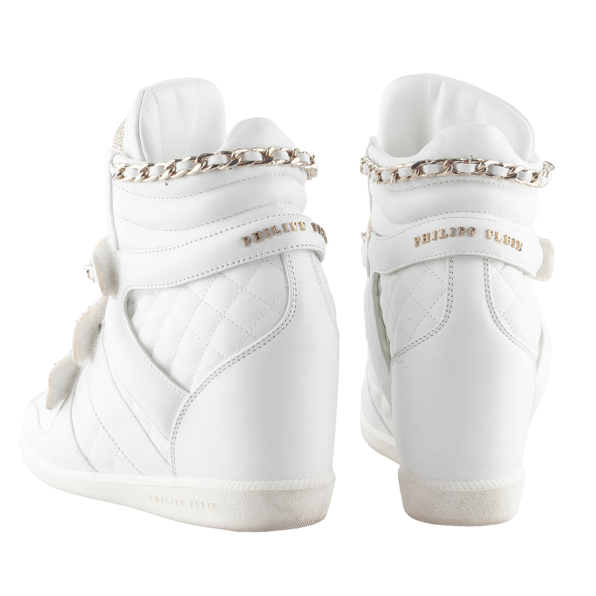 Philipp Plein White Quilted Leather Skull Wedge High-Top Sneakers