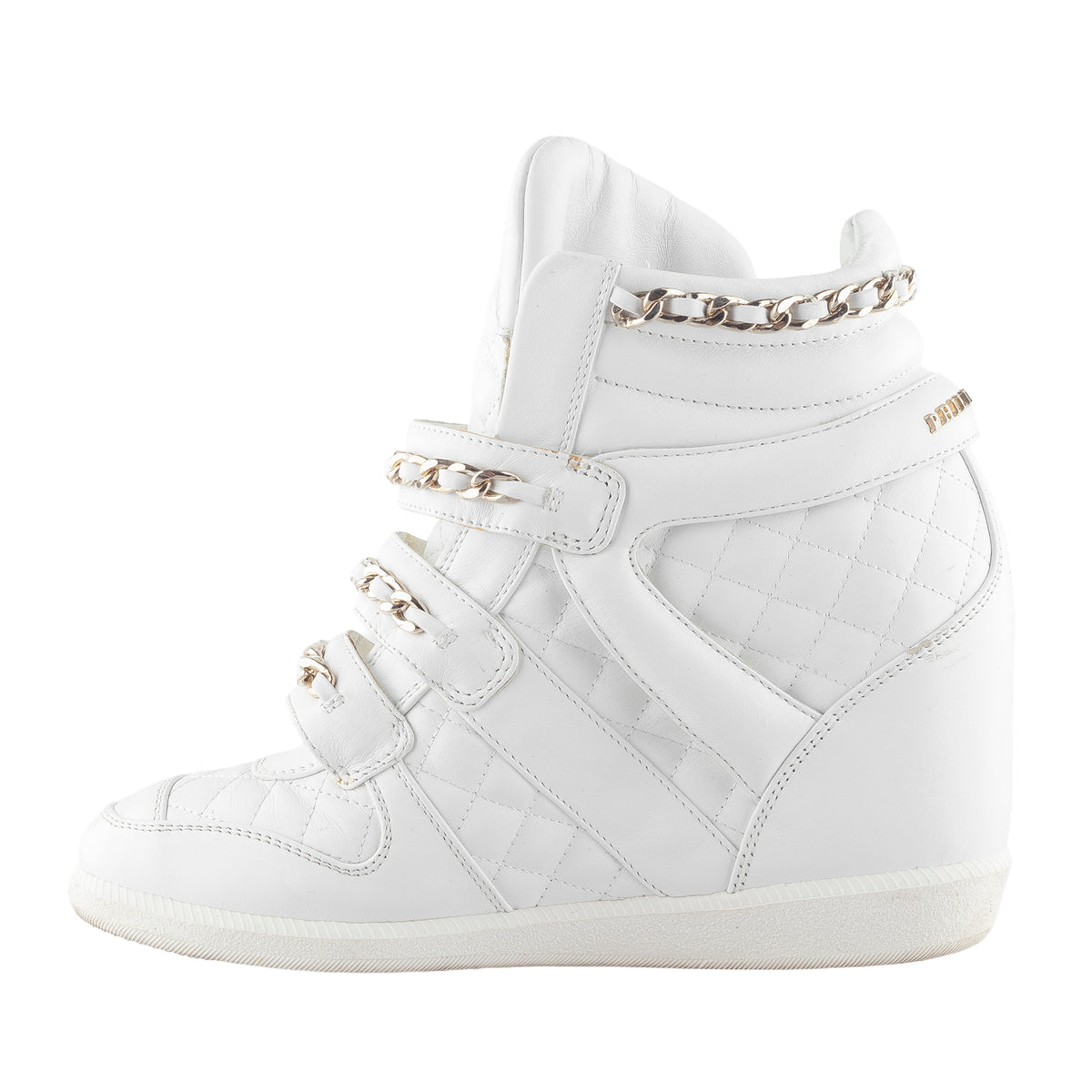 Philipp Plein White Quilted Leather Skull Wedge High-Top Sneakers