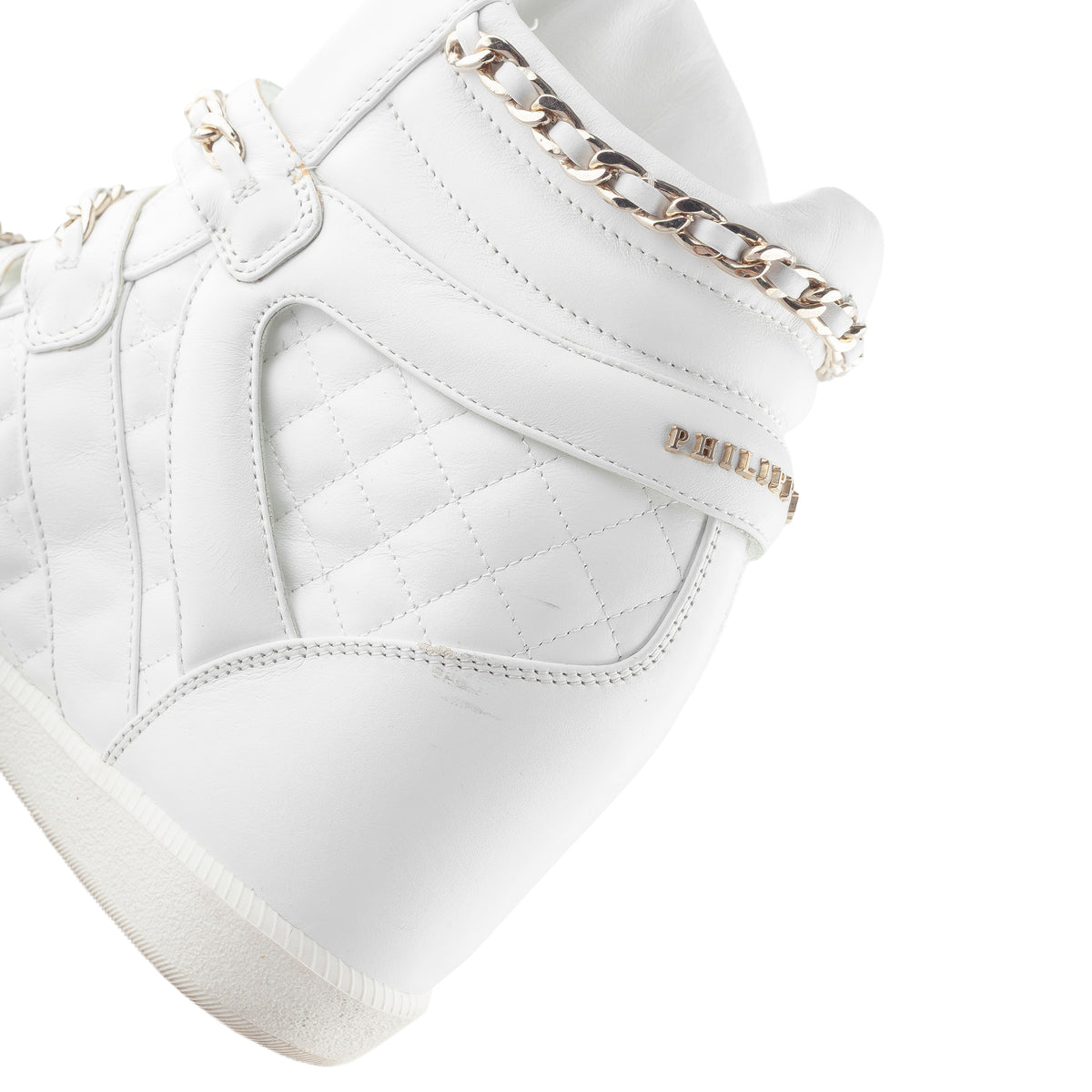 Philipp Plein White Quilted Leather Skull Wedge High-Top Sneakers