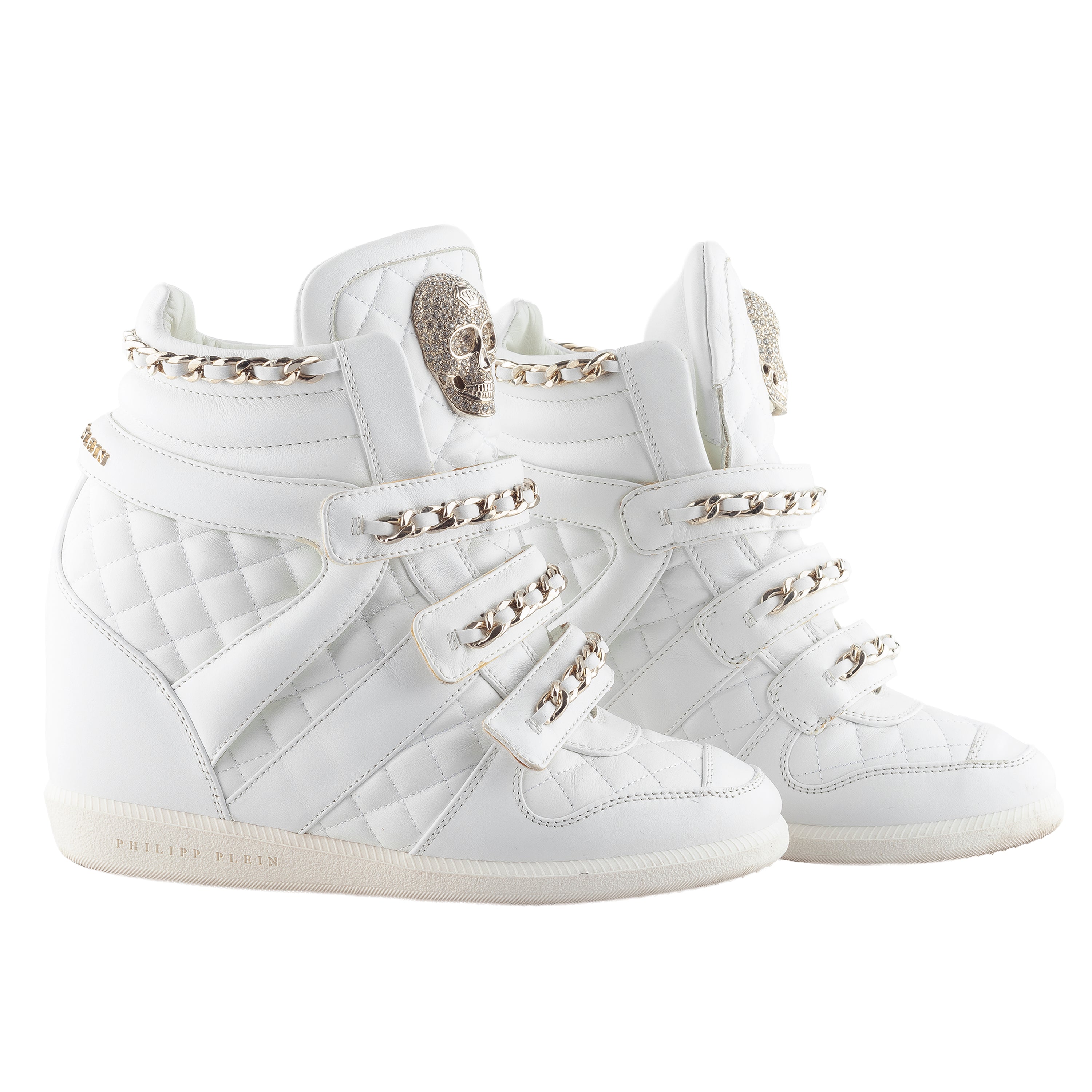 Philipp Plein White Quilted Leather Skull Wedge High-Top Sneakers