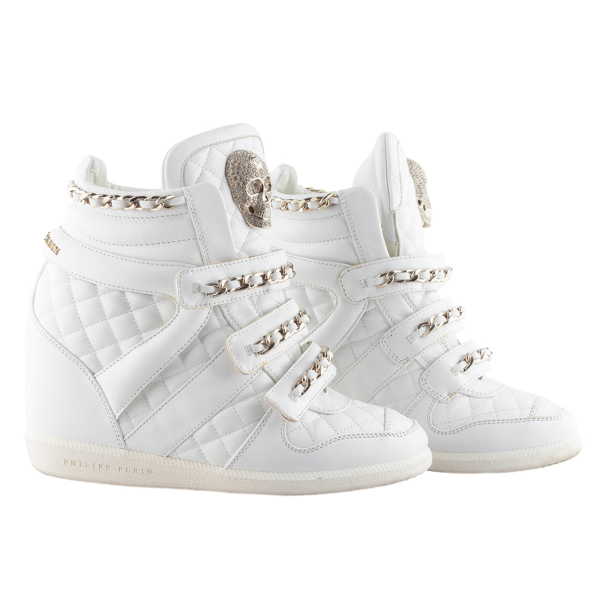 Philipp Plein White Quilted Leather Skull Wedge High-Top Sneakers