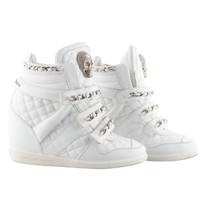 Philipp Plein White Quilted Leather Skull Wedge High-Top Sneakers