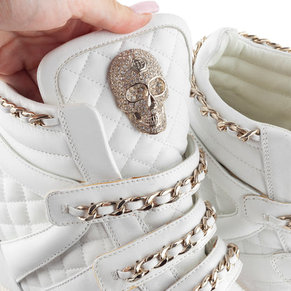 Philipp Plein White Quilted Leather Skull Wedge High-Top Sneakers