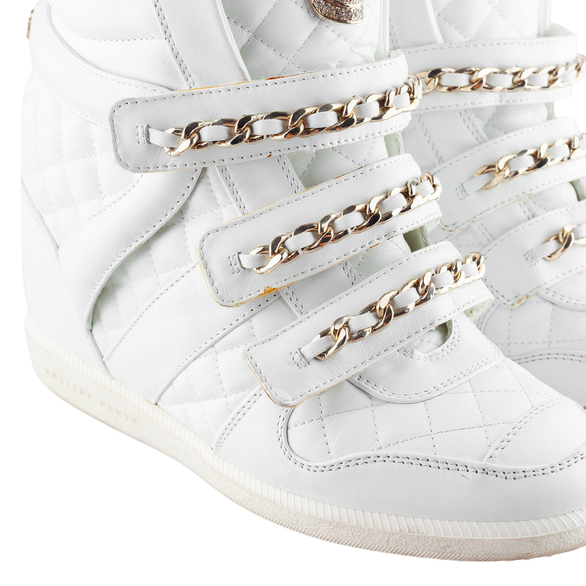 Philipp Plein White Quilted Leather Skull Wedge High-Top Sneakers