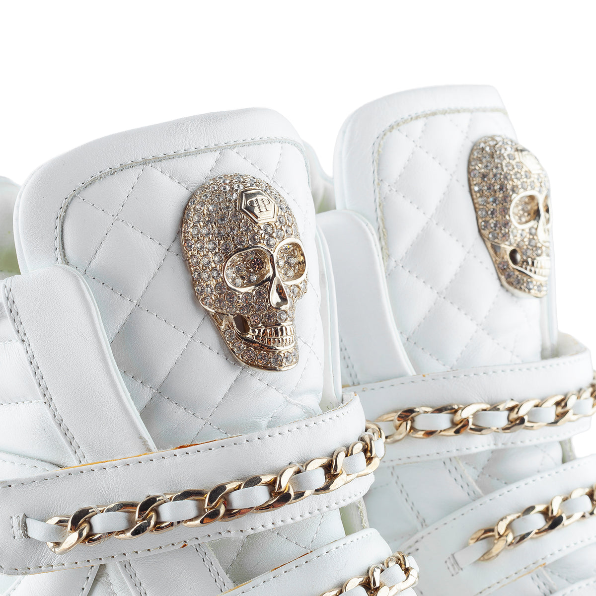 Philipp Plein White Quilted Leather Skull Wedge High-Top Sneakers