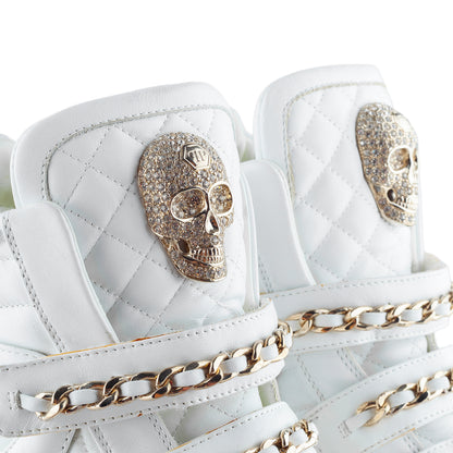 Philipp Plein White Quilted Leather Skull Wedge High-Top Sneakers