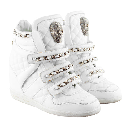 Philipp Plein White Quilted Leather Skull Wedge High-Top Sneakers