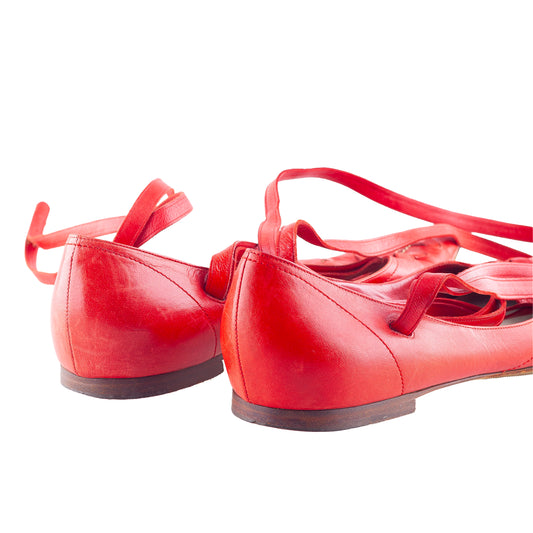 Yves Saint Laurent Vintage Red Leather Pointed-Toe Lace-Up Ballet Flats