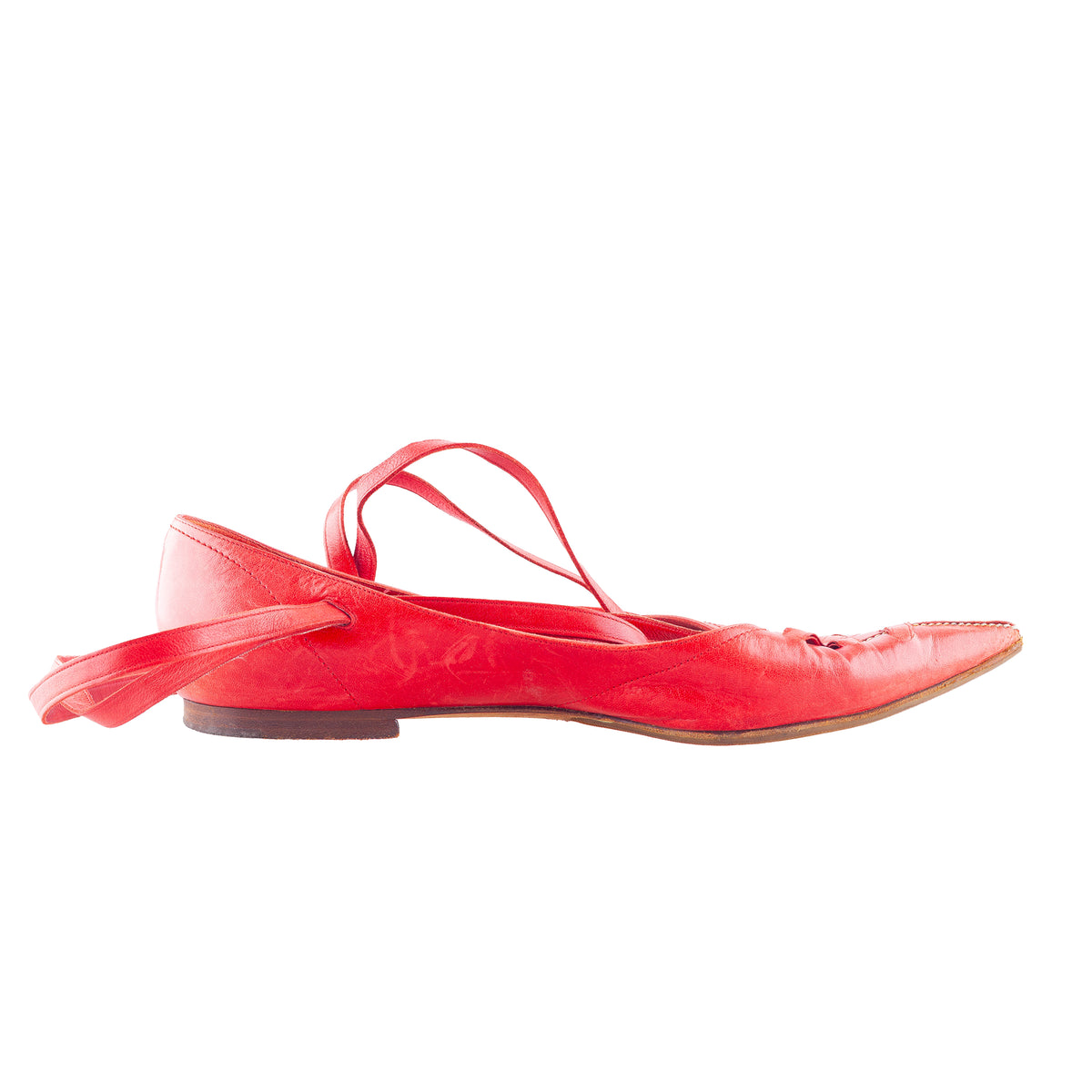 Yves Saint Laurent Vintage Red Leather Pointed-Toe Lace-Up Ballet Flats