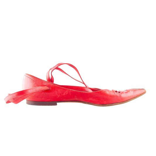 Yves Saint Laurent Vintage Red Leather Pointed-Toe Lace-Up Ballet Flats