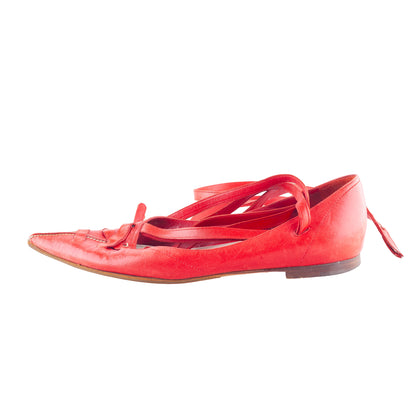 Yves Saint Laurent Vintage Red Leather Pointed-Toe Lace-Up Ballet Flats