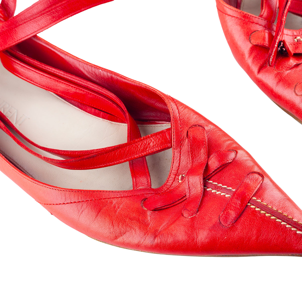 Yves Saint Laurent Vintage Red Leather Pointed-Toe Lace-Up Ballet Flats