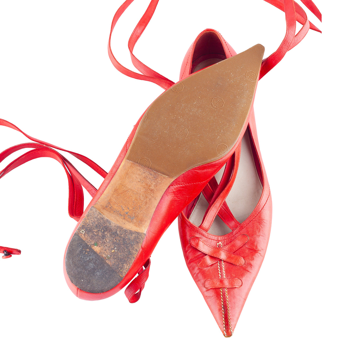 Yves Saint Laurent Vintage Red Leather Pointed-Toe Lace-Up Ballet Flats