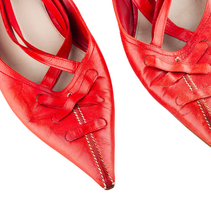 Yves Saint Laurent Vintage Red Leather Pointed-Toe Lace-Up Ballet Flats