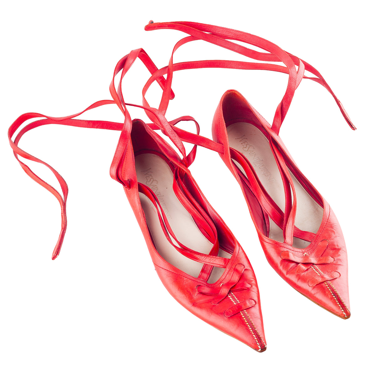 Yves Saint Laurent Vintage Red Leather Pointed-Toe Lace-Up Ballet Flats
