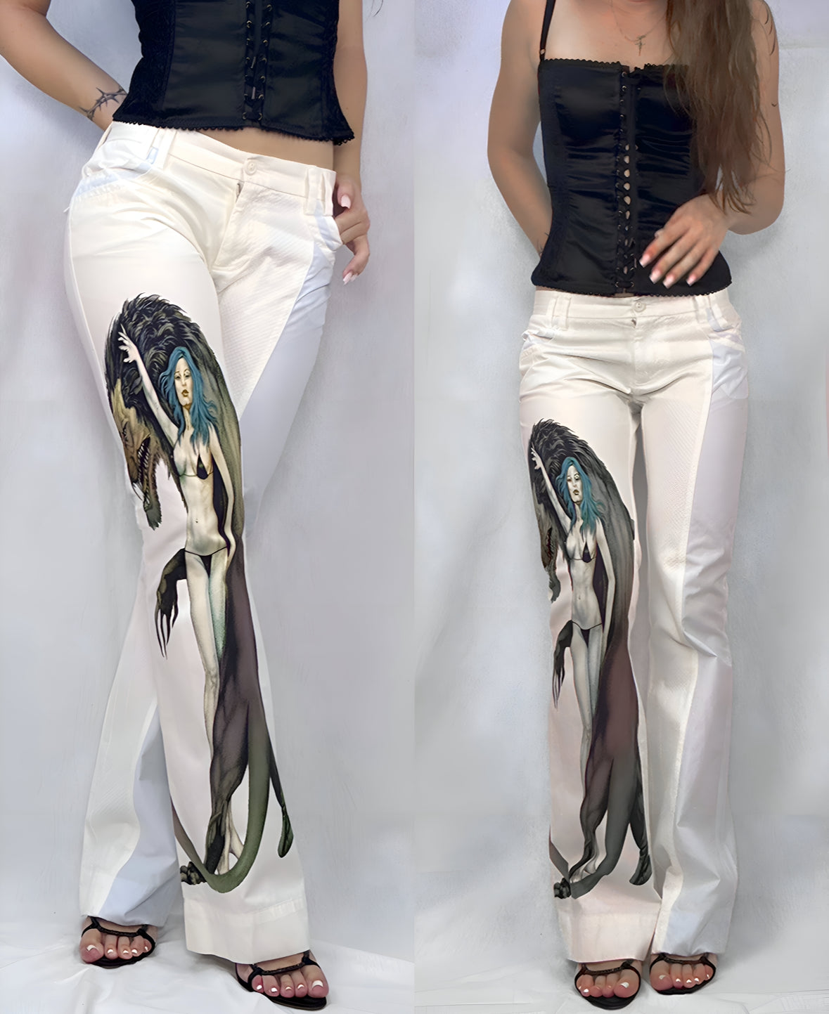 Custo Barcelona Vintage Printed Monster Creature White/Beige and Blue Pants (S/M)