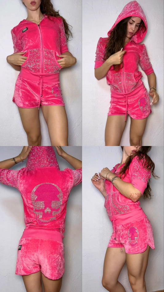 Philipp Plein Pink Crystal Detail Velvet Short Jumpsuit