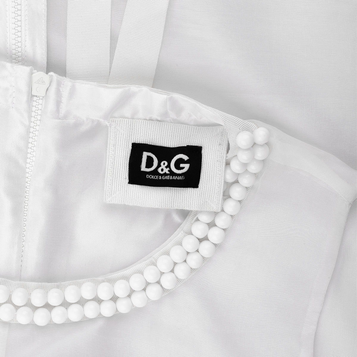 D&G Dolce & Gabbana White Pearl Neckline Silver Polka Dot Mini Dress