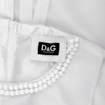 D&G Dolce & Gabbana White Pearl Neckline Silver Polka Dot Mini Dress