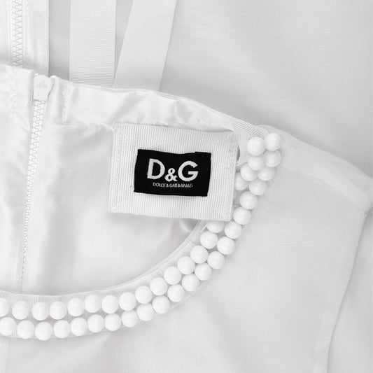 D&G Dolce & Gabbana White Pearl Neckline Silver Polka Dot Mini Dress