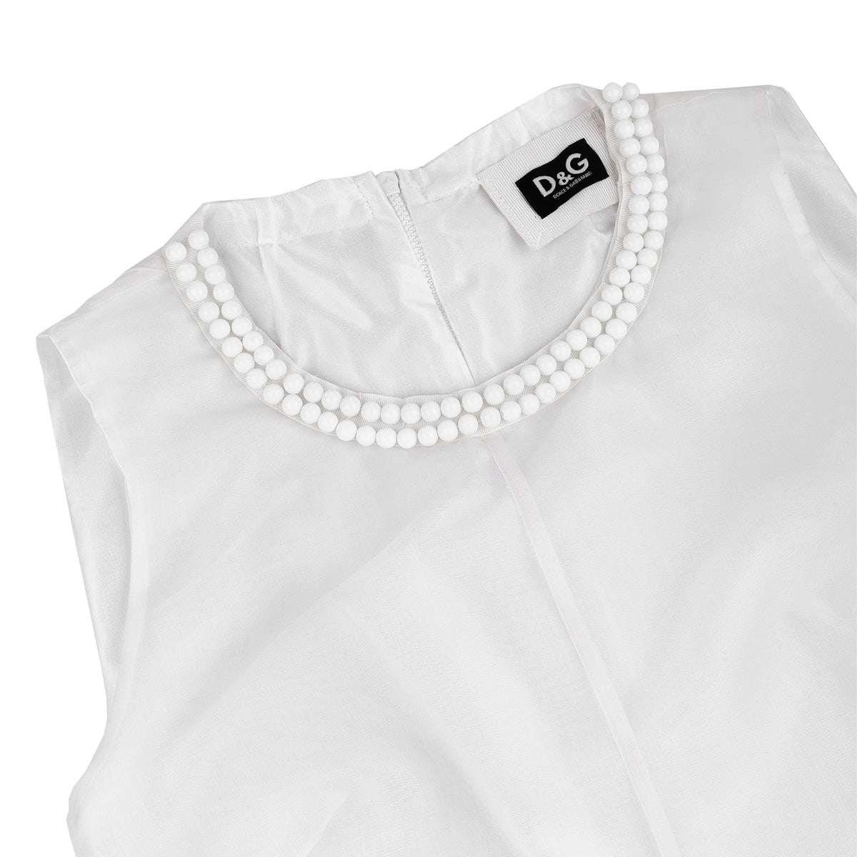 D&G Dolce & Gabbana White Pearl Neckline Silver Polka Dot Mini Dress