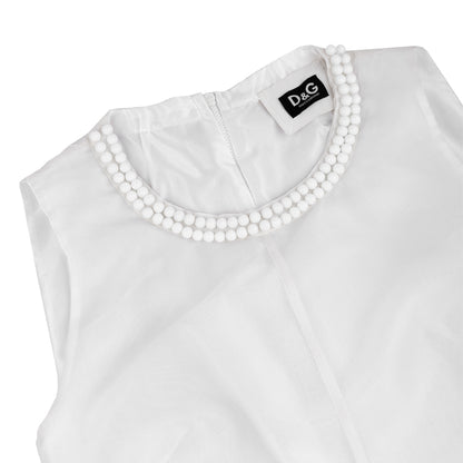D&G Dolce & Gabbana White Pearl Neckline Silver Polka Dot Mini Dress