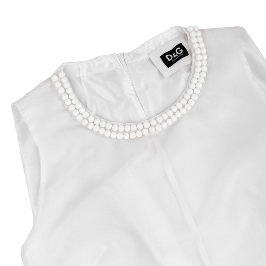 D&G Dolce & Gabbana White Pearl Neckline Silver Polka Dot Mini Dress