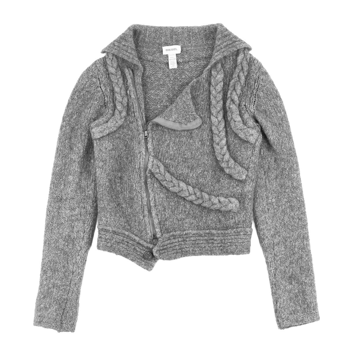 Diesel Grey Alpaca Wool Blend Braided Knit Cropped Cardigan