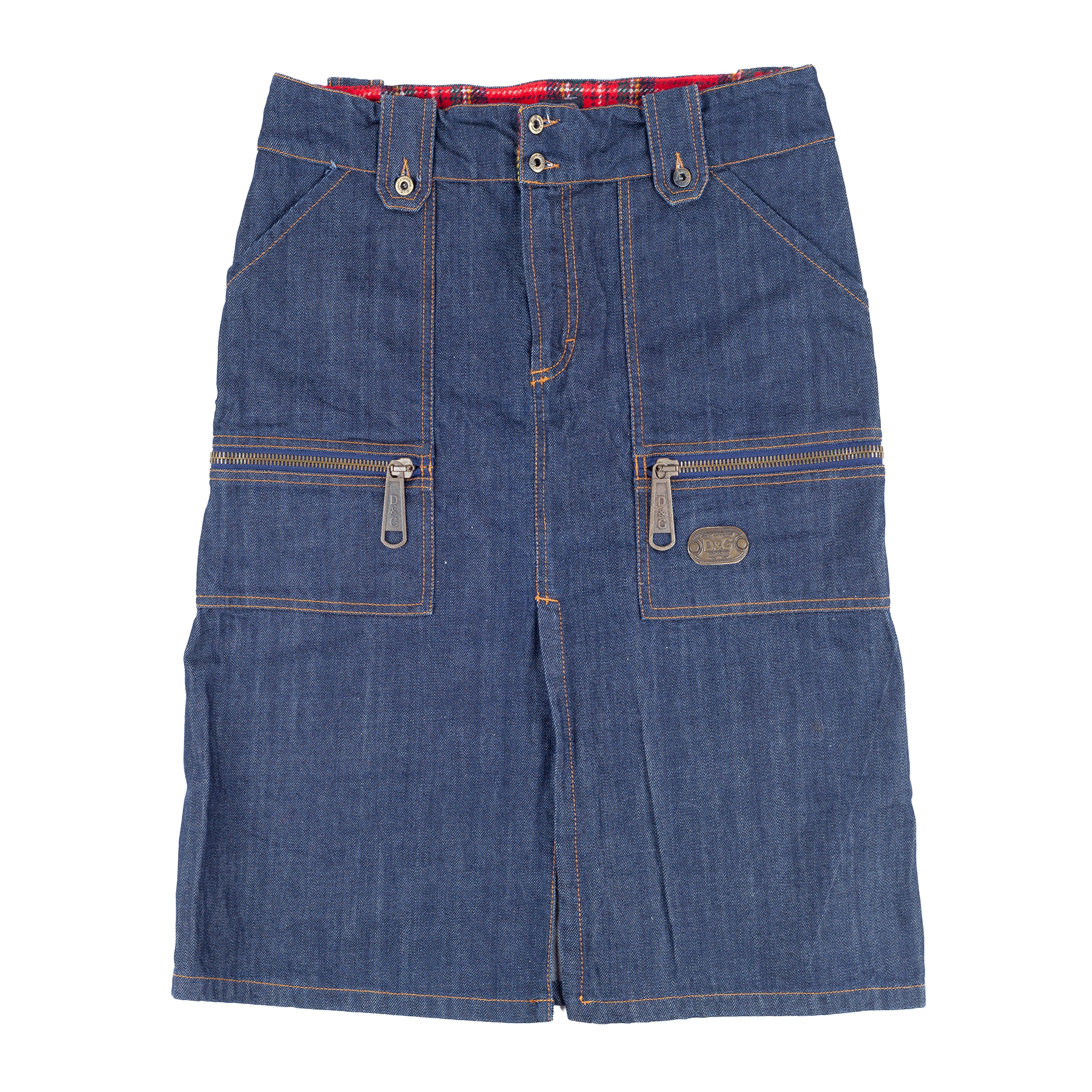 D&G Dolce & Gabbana Denim Cargo Midi Skirt with Tartan Lining