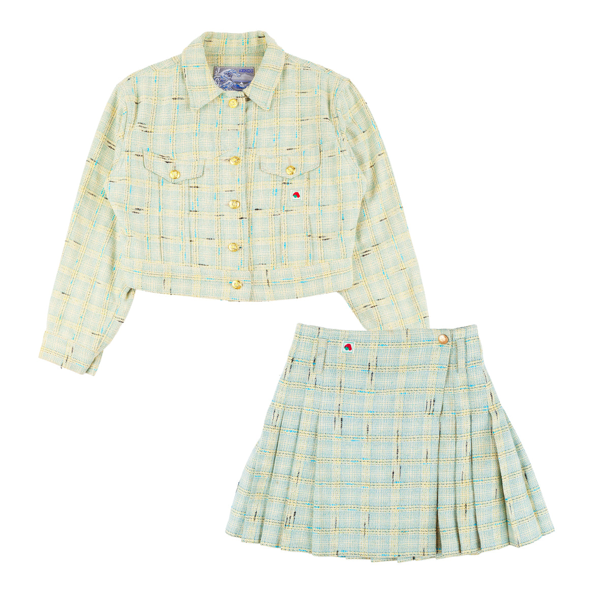 Kenzo Jeans Pastel Blue Tweed Jacket & Pleated Mini Skirt Set