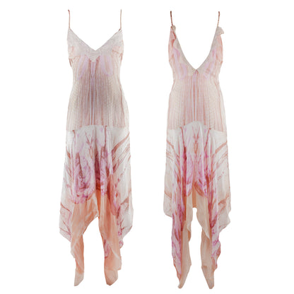 Roberto Cavalli Class Vintage Lace V Neck Pink Rose Maxi Dress (XL)  