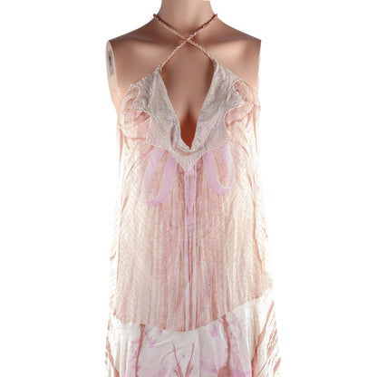 Roberto Cavalli Class Vintage Lace V Neck Pink Rose Maxi Dress (XL)  