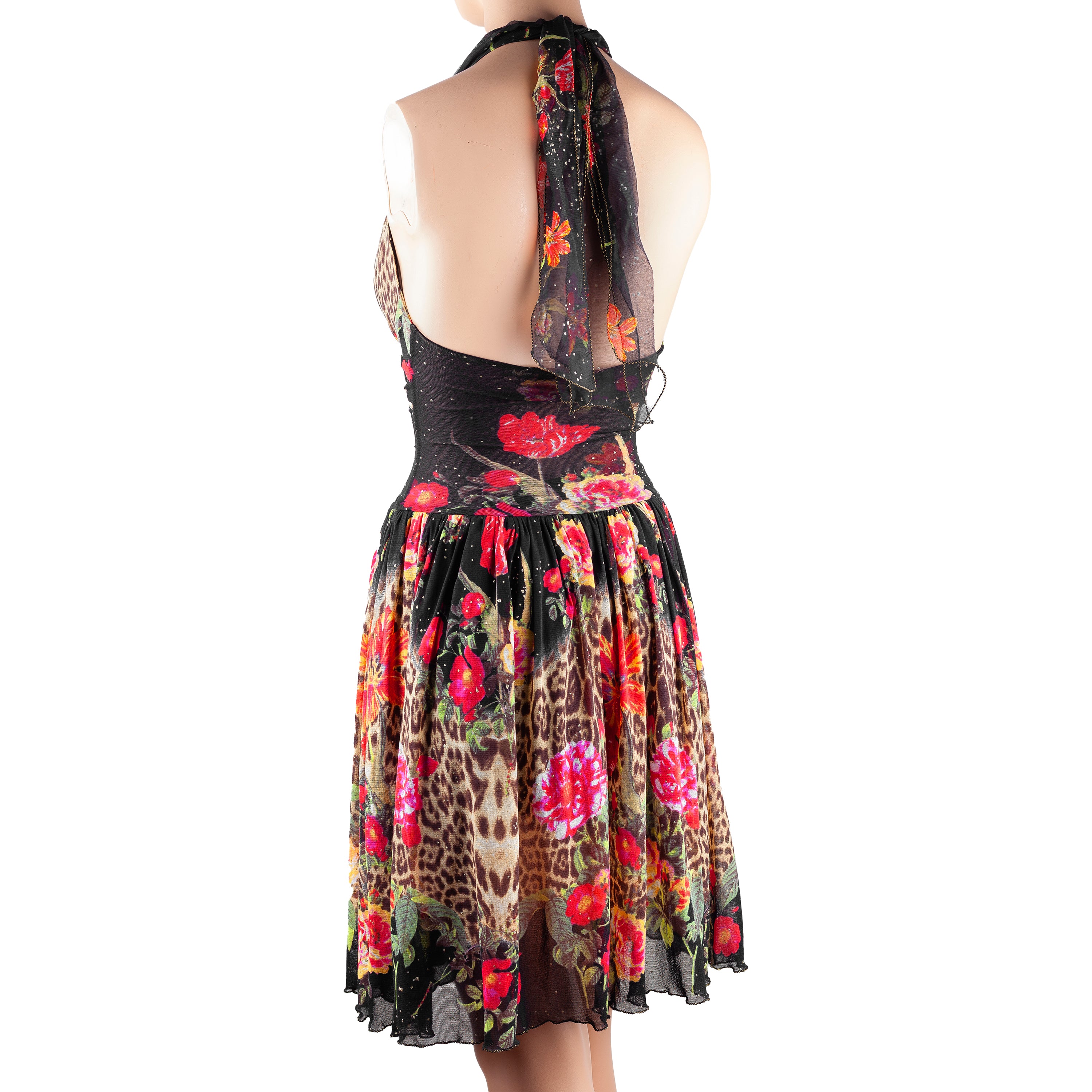 Roberto Cavalli Class 2002 Vintage Polyamide Mesh Floral Cheetah Midi Dress (M)