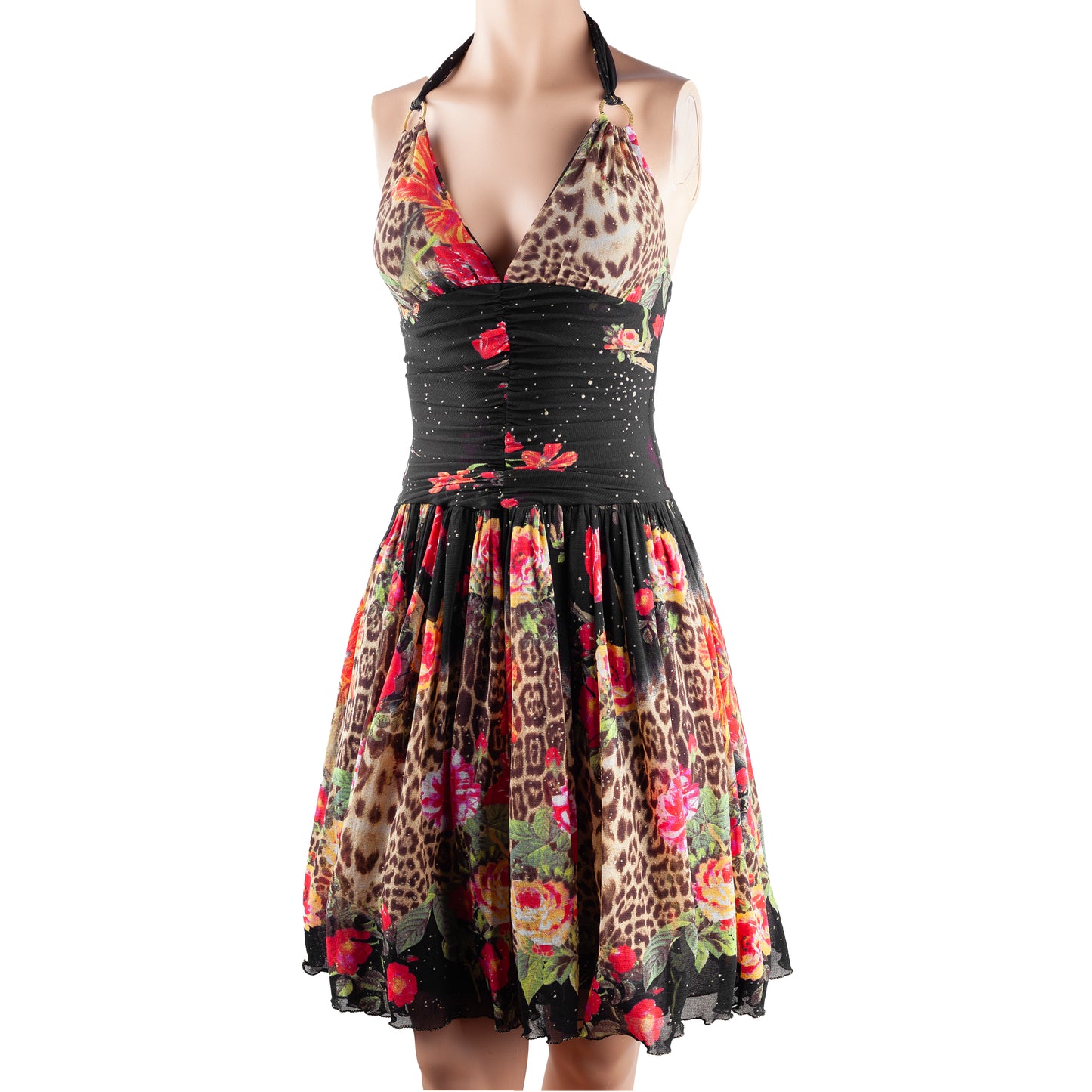 Roberto Cavalli Class 2002 Vintage Polyamide Mesh Floral Cheetah Midi Dress (M)