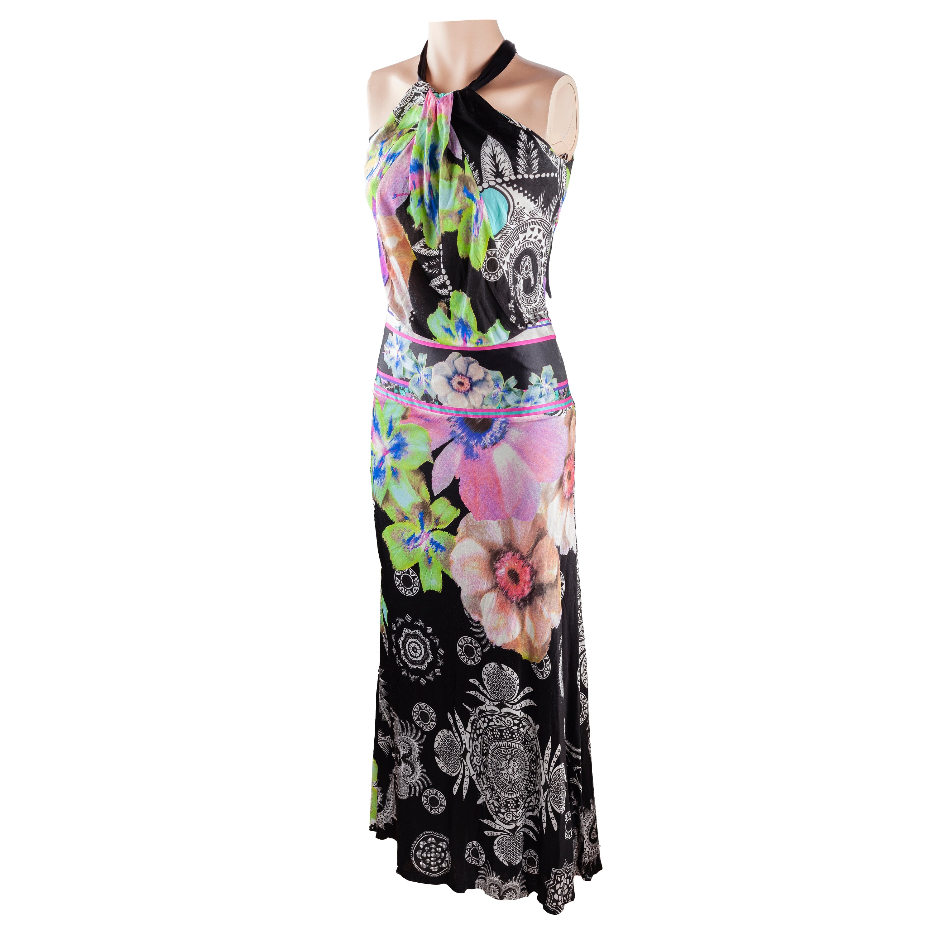 Roberto Cavalli Class Vintage Floral Flowy Halter Maxi Dress (S)