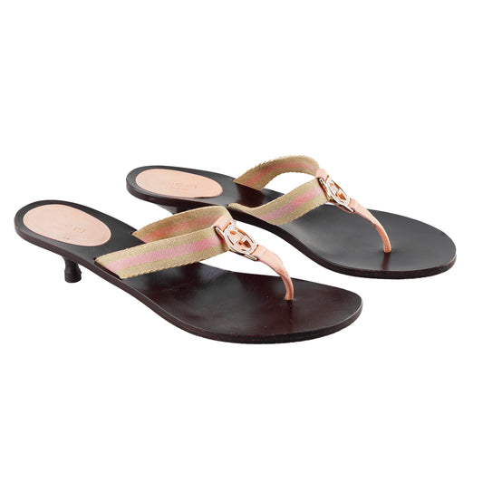 Gucci Brown Interlocking G Logo Pink Canvas Vintage Thong Heel Sandals (40 IT/41 EU)