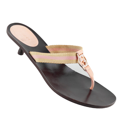 Gucci Brown Interlocking G Logo Pink Canvas Vintage Thong Heel Sandals (40 IT/41 EU)
